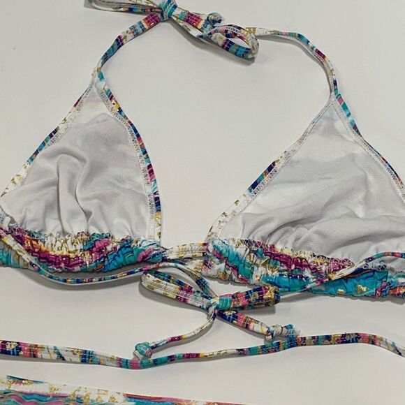 Women's Striped Two Piece Triangle Split Neck Swimsuit Multi-Color Size Large - Picture 5 of 5